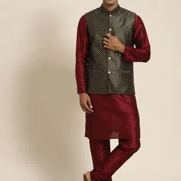 SOJANYA Men Woven Design Kurta with Churidar with Nehru Jacket image 1