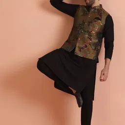 KISAH Men Abstract Regular Fit Woven Design Kurta Nehru Jacket Trouser Set image 4
