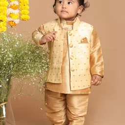 VASTRAMAY Boys Gold -Toned Woven Design Slim-Fit Nehru Jacket-9