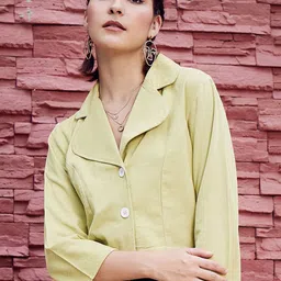 Athena Olive Green Lapel Collar Corduroy Crop Tailored Jacket-40