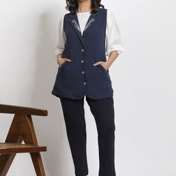 W Women Floral Embroidered Longline Pure Cotton Tailored Jacket-38