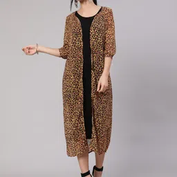 AKS Animal Printed Collarless Longline Georgette Tailored Jacket-7