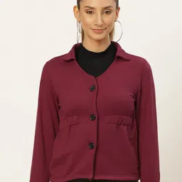 Belle Fille Women Maroon Solid Fleece Lightweight Tailored Jacket-picture-3