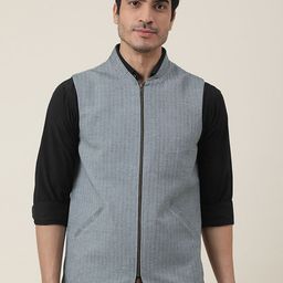 Fabindia Men Grey Self Design Mandarin Collar Cotton Tailored Jacket-13