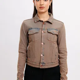 FREAKINS Brown Long Sleeves Pure Cotton Denim Jacket-picture-43