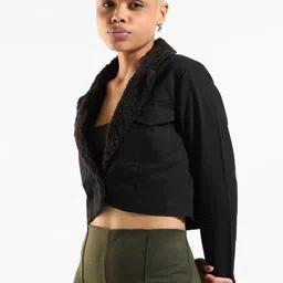 Campus Sutra Women Black Windcheater Crop Outdoor Tailored Jacket-image-99