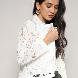 Campus Sutra White Self Designed Windcheater Crop Tailored Jacket-image-81