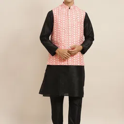 SOJANYA Men Black Thread Work Kurta Set With Jacket-20