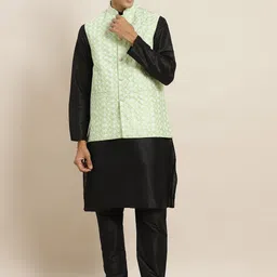 SOJANYA Men Black Thread Work Kurta Set With Jacket-49