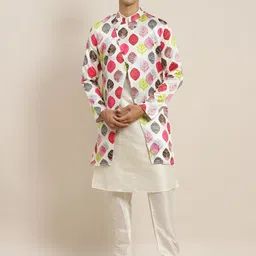 SOJANYA Men Off White Printed Kurta Set With Jacket-picture-11