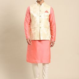 KISAH Men Peach-Coloured Kurta with Churidar & Nehru Jacket-41