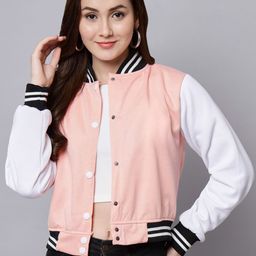 Funday Fashion Stand Collar Fleece Crop Varsity Jacket-14