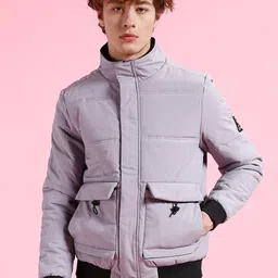 The Indian Garage Co Men Grey Washed Colourblocked Crop Outdoor Puffer Jacket-14