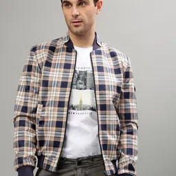 Iconic Checked Mandarin Collar Bomber Jacket-55