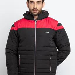 Status Quo Men Black Red Colourblocked Hooded Quilted Jacket-image-37