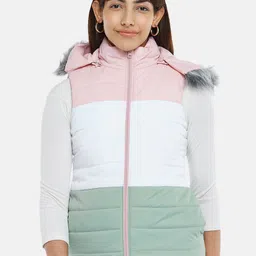 People Women Peach-Coloured White Colourblocked Padded Jacket-image-9