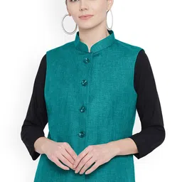 Vastraa Fusion Women Teal Green Solid Woven Nehru Jacket-image-66