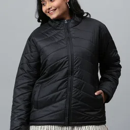 Instafab Plus Women Black Colourblocked Windcheater Puffer Jacket-17
