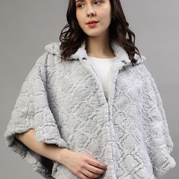 ELLE Self Design Spread Collar Fuzzy Poncho Sweater-image-80