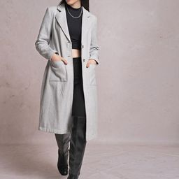 CHIC BY TOKYO TALKIES Grey Self Design Notched Lapel Overcoat-image-43