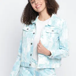 TALES & STORIES Women Blue & White Lightweight Denim Jacket-39