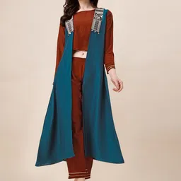 Sangria Embroidered Crop Top With Palazzo & Jacket-picture-10