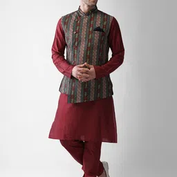 KISAH Men Multicoloured Regular Kurta with Pyjamas & Jacket-3
