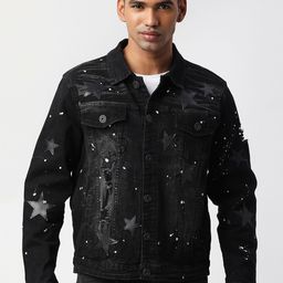WAIMEA Men Black Star Patched Washed Cotton Denim Jacket-image-41