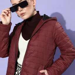 her by invictus Women Maroon Solid Hooded Padded Jacket-image-24