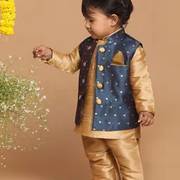 VASTRAMAY Blue & Gold-Toned Woven Design Nehru Jacket-36