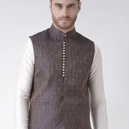 DEYANN Men Navy Blue & Gold-Toned Woven-Design Jacquard Nehru Jacket-image-81