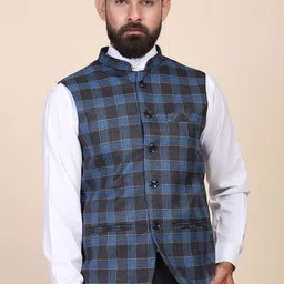 TAHVO Men Blue Checked Woven-Design Nehru Jacket-51