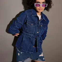SASSAFRAS Navy Blue Washed Spread Collar Denim Jacket-image-27