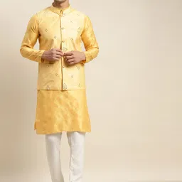 SOJANYA Men Yellow Mirror Work Kurta with Churidar With Nehru Jacket-picture-14