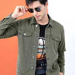 HIGHLANDER Men Green Solid Denim Jacket-56