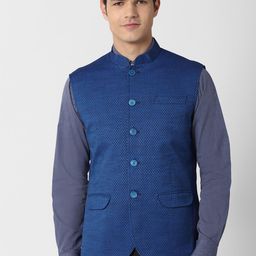 Peter England Elite Men Blue Printed Woven Nehru Jacket-17
