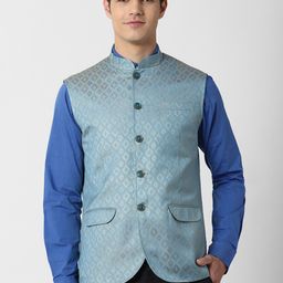 Peter England Elite Men Blue Printed Nehru Jackets-picture-12