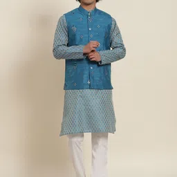 SOJANYA Men Blue & White Ethnic Motifs Kurta with Pyjamas & Nehru Jacket-picture-16