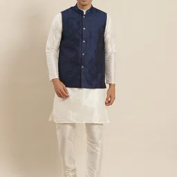 SOJANYA Men White Kurta with Pyjamas & Nehru Jacket-picture-6