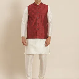 SOJANYA Men White Kurta with Pyjamas & Nehru Jacket-picture-3