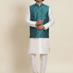 SOJANYA Men White Kurta with Pyjamas & Nehru Jacket-picture-2
