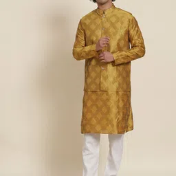 SOJANYA Men Mustard Yellow Kurta with Pyjamas & Nehru Jacket-picture-4