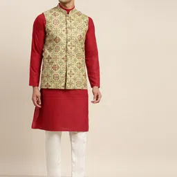 SOJANYA Men Red Pure Cotton Kurta with Pyjamas & Nehru Jacket-picture-55