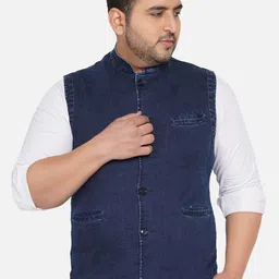 John Pride Men Blue Plus Size Denim Nehru Jacket-17