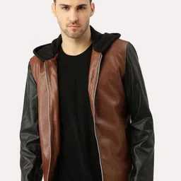 Leather Retail Men Brown Black Colourblocked Outdoor Biker Jacket-picture-22