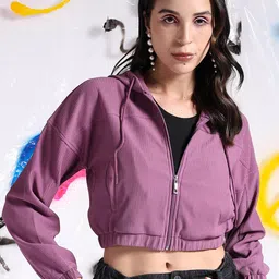Freehand by The Indian Garage Co Self Design Hooded Lightweight Crop Bomber Jacket-37