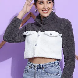 SQew Colourblocked Faux Fur Trim Lightweight Crop Open Front Jacket-17