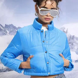 Tokyo Talkies Blue Stand Collar Crop Puffer Jacket-55