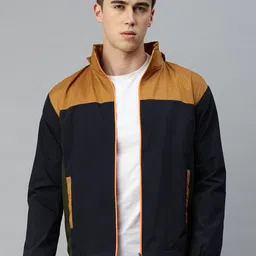 VOXATI Colourblocked Stand Collar Bomber Jacket With Detachable Hood-30