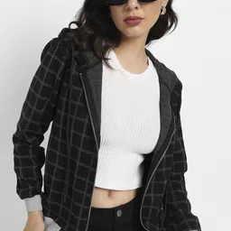 Campus Sutra Women Black Checked Windcheater Outdoor Bomber Jacket-image-96